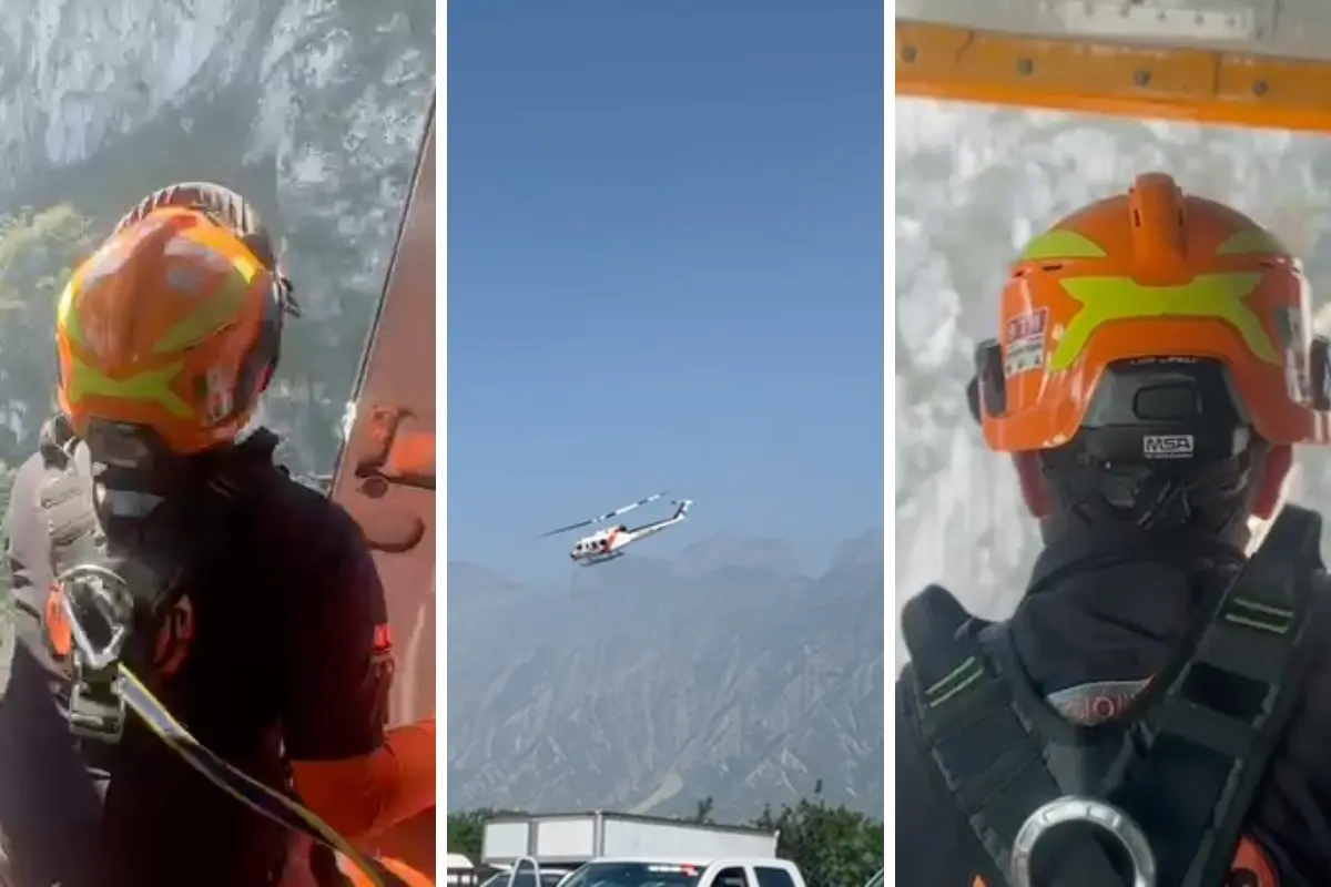 Rescatistas de Protección Civil de Nuevo León y el helicóptero de la corporación. Foto: Protección Civil de Nuevo León