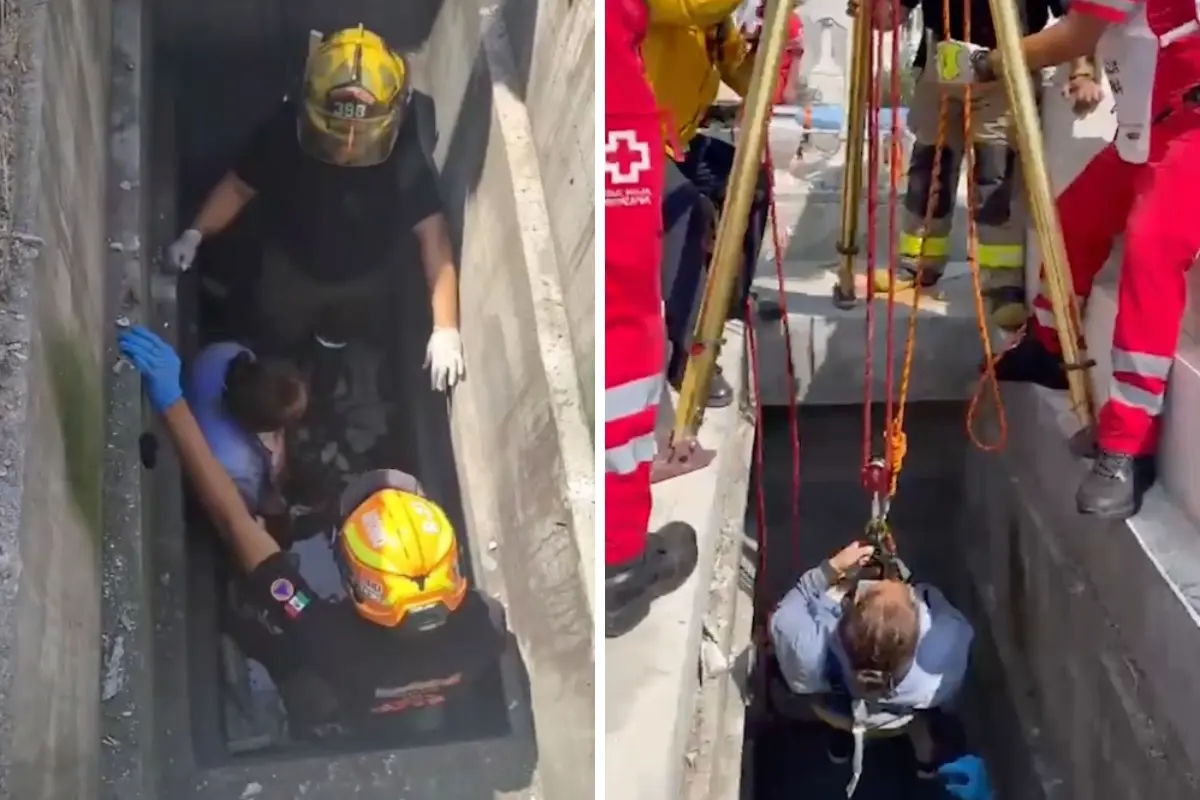 Rescatistas en la zona donde cayó una mujer a una tumba. Foto: Captura video Protección Civil de Nuevo León