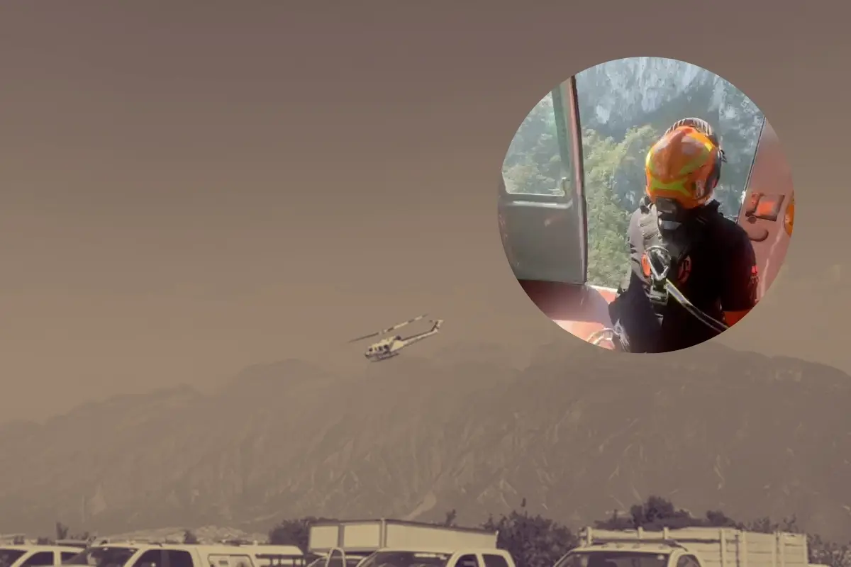Un helicóptero de Protección Civil de Nuevo León y un rescatista. Foto: Composición Canva