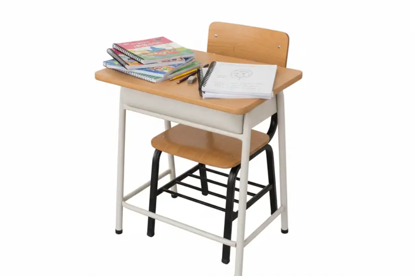 Mesa y silla escolar. Cuadernos sobre mesa. Foto: Gemini IA