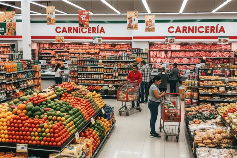 Supermercado en México. Personas comprando en el área de frutas y verduras. Letrero anuncia la zona de carnicería. Foto: Gemini IA