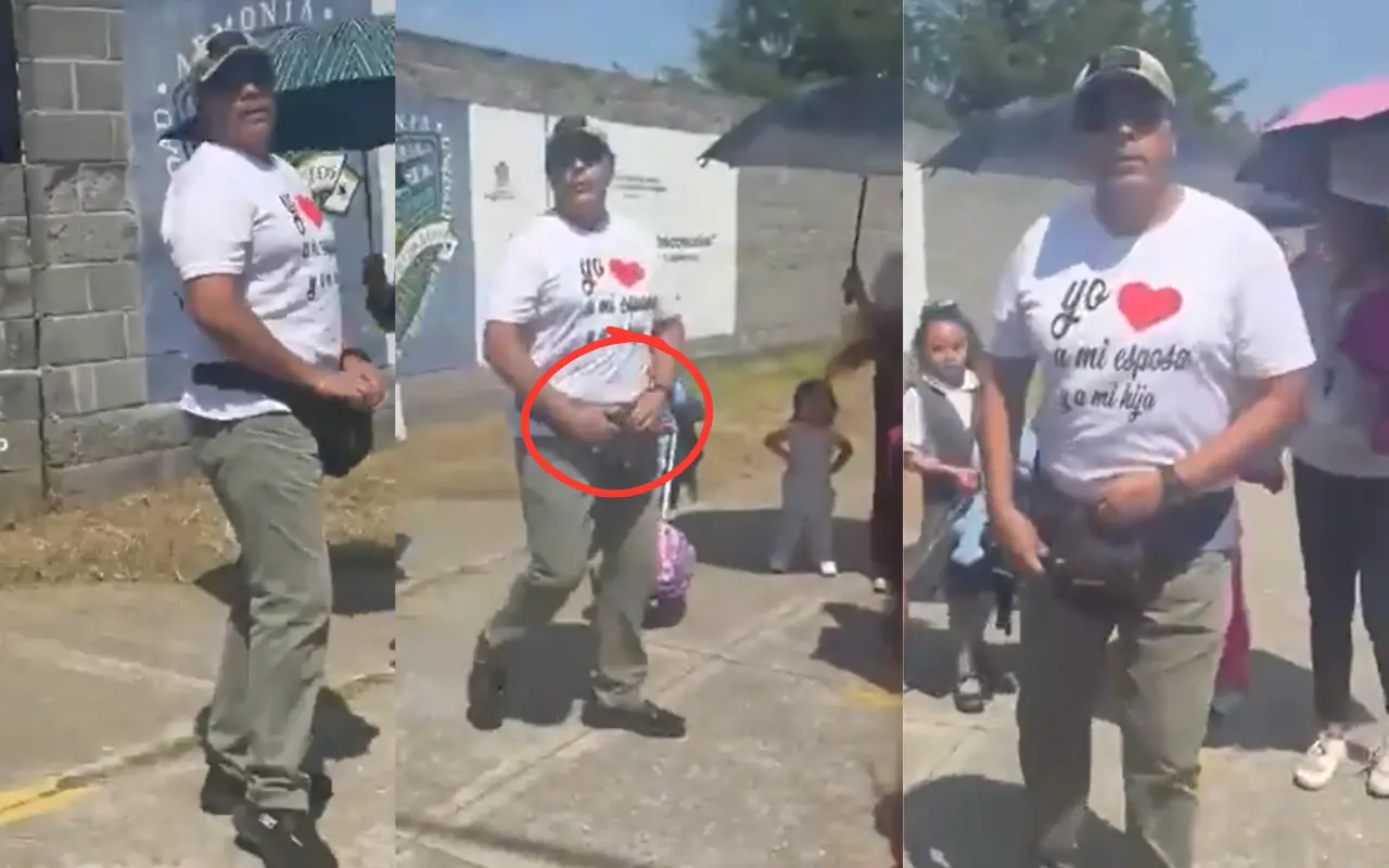 Un hombre amenaza a un menor afuera de una escuela en Tecámac. Foto: Redes Sociales