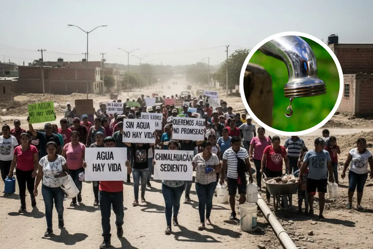 Ilustración de vecinos inconformes por falta de agua en Chimalhuacán, llave. Foto: Gemini IA | Canva