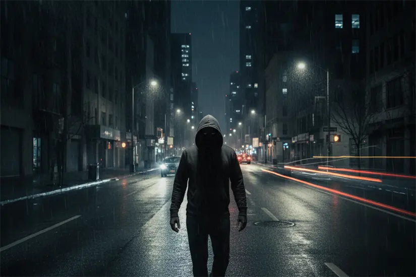 Persona encapuchada en medio de avenida. De fondo Centro histórico de la CDMX | Gemini IA