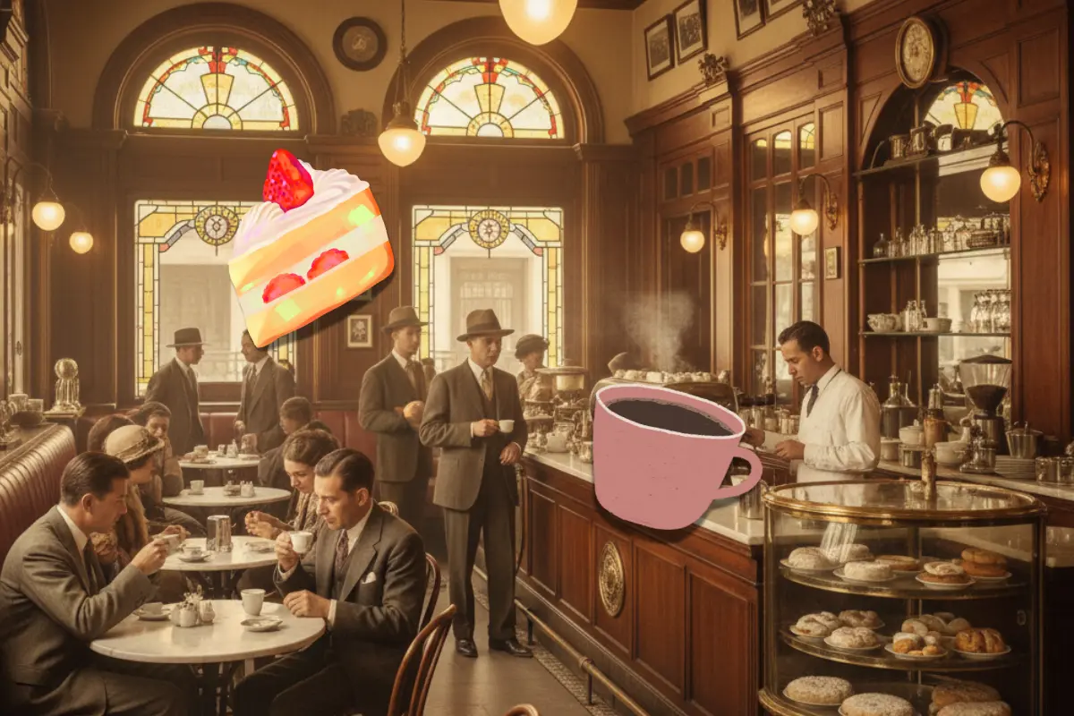 Cafetería en Centro Histórico de CDMX. Personas sirviendo y tomando café. Vitrinas con tazas de café y postres. Foto: Canva | Gemini IA