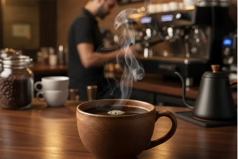 Taza de café en barra, en una cafetería, hombre al fondo. | Gemini IA