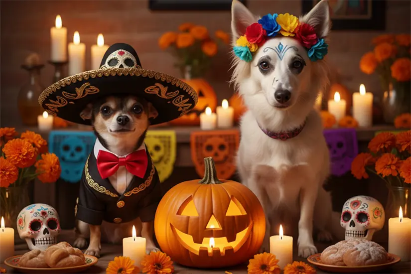 Perros disfrazados por Día de Muertos. Detrás de ellos ofrenda tradicional. | Gemini IA