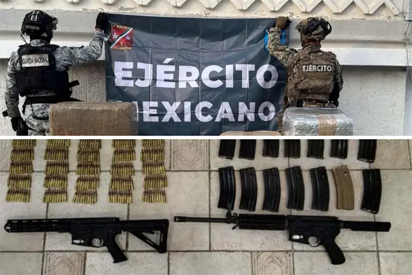 Presunta droga y armas fueron decomisadas por el Ejército tras un operativo en Nuevo Laredo. Foto: Defensa