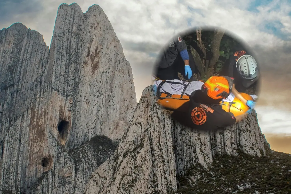 Una montaña en Nuevo León y una persona rescatada por Protección Civil de Nuevo León. Foto: Composición Canva
