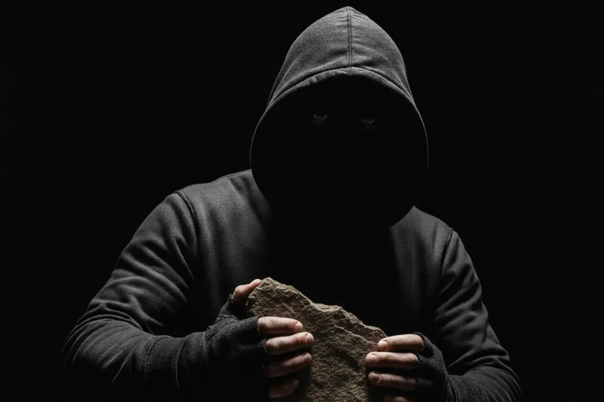 Persona encapuchada sosteniendo una piedra| Gemini IA