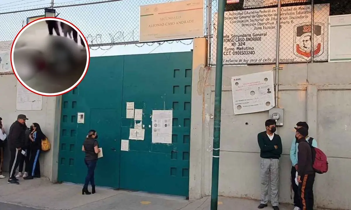 Secundaria 324 Alfonso Caso Andrade en la alcaldía Tláhuac, agresión a Nicole.  Foto: X (VoxPopuliNoti) | captura X (@DimeFred2) | Canva