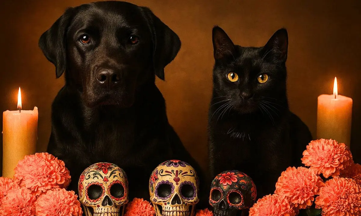 Perro y gato negro en Día de Muertos. Foto: creada con IA