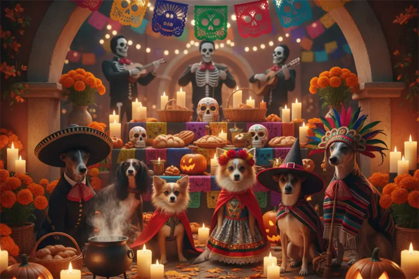 Perros disfrazados por Día de Muertos y atuendos tradicionales. Detrás de ellos ofrenda, velas y mariachis con máscaras de calavera | Gemini IA