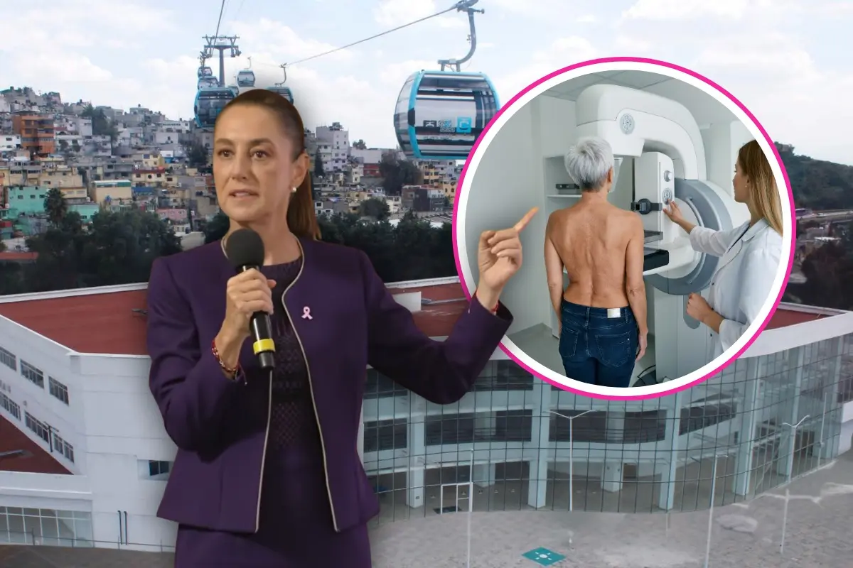 De fondo hospital, Claudia Sheinbaum e ilustración de cáncer de mama. Foto: Captura de pantalla: YouTube (Claudia Sheinbaum) | Quinto Informe de Gobierno | Canva