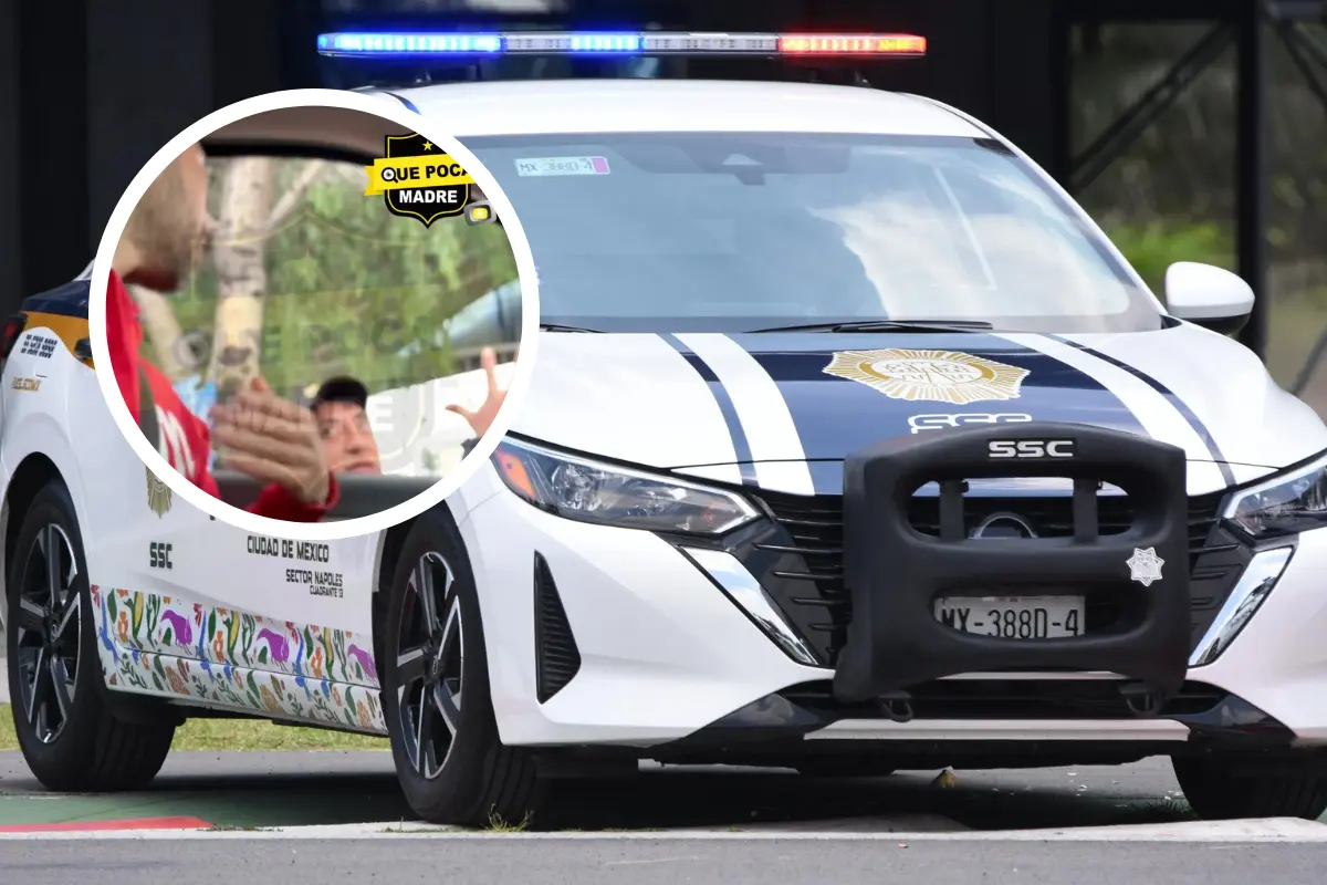 De fondo patrulla de la SSC, policía intentando multar a conductor. Foto: X SSC_CDMX | Captura de pantalla