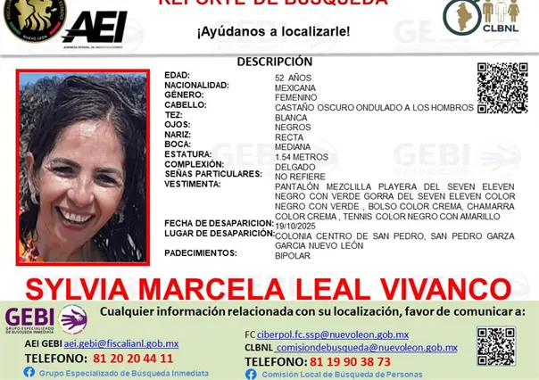 Sylvia Marcela Leal Vivanco desaparece en el centro de San Pedro Garza García