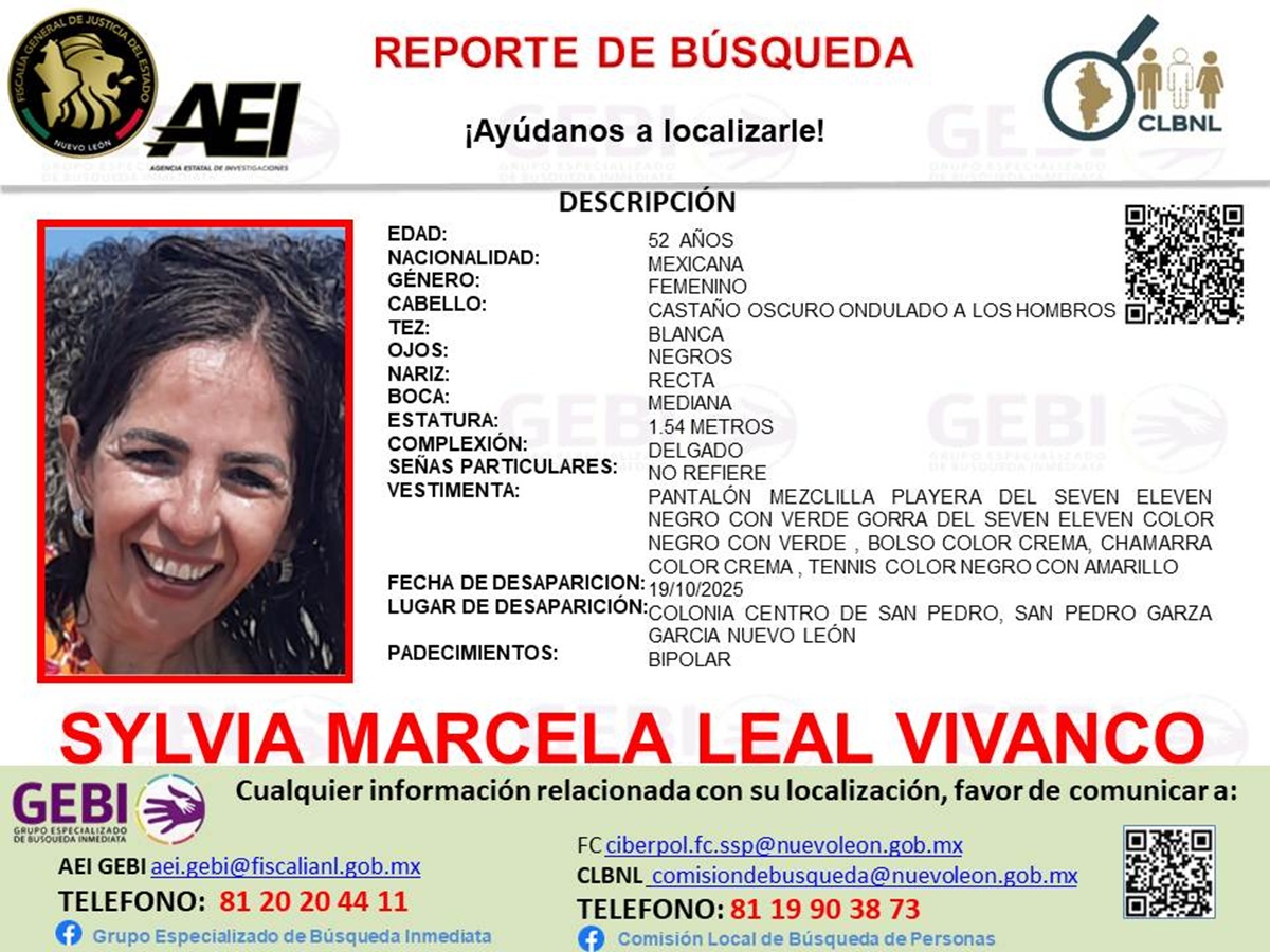 Sylvia Marcela Leal Vivanco desaparece en el centro de San Pedro Garza García