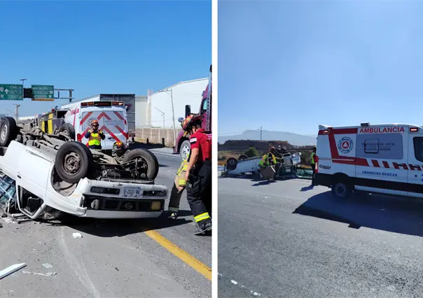 Vuelca en Ramos Arizpe camioneta de carga tras perder una llanta