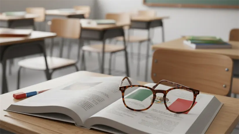imagen recuadro Aula escolar con libros en español que hablan de México. Encima del libro abierto unos lentes | Foto: Gemini IA