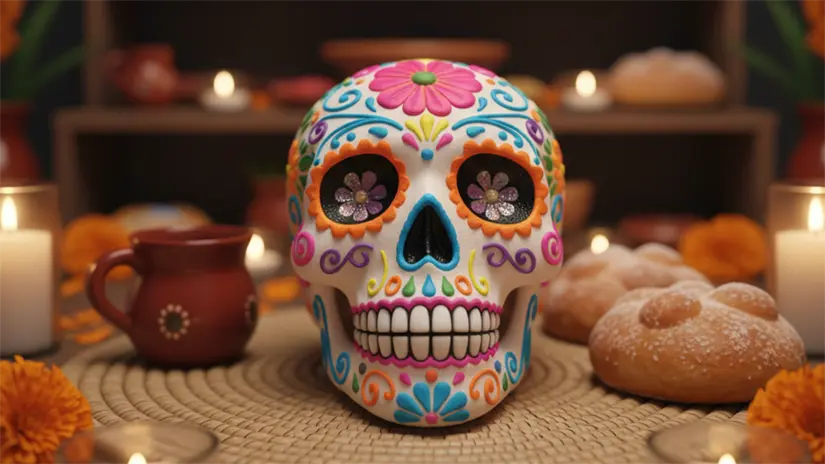 imagen recuadro Calavera tradicional de ceramica en ofrenda por el Dia de Muertos. Al fondo velas y pan de muerto | Gemini IA