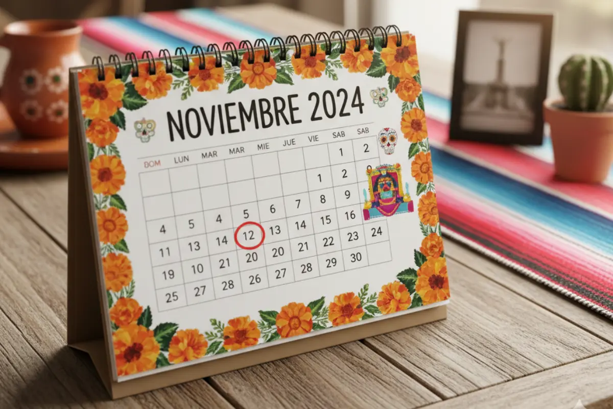 Calendario noviembre adornado con flores naranjas, sobre mesa. De fondo: taza, marco y cactus en maceta | Gemini IA