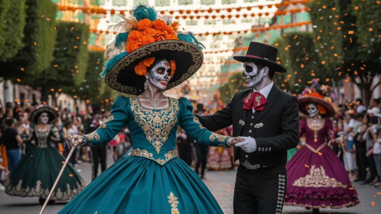 Catrina y Catrín en festival y de fondo más catrinas e hileras de cempasúchil.    Foto: Gemini IA