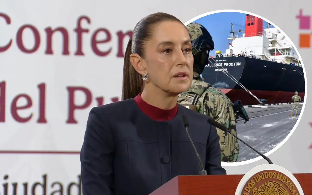 Claudia Sheinbaum y buque asegurado por agentes federales. Foto: Secretaría de Seguridad y Protección Ciudadana / Captura de pantalla: YouTube (Claudia Sheinbaum)