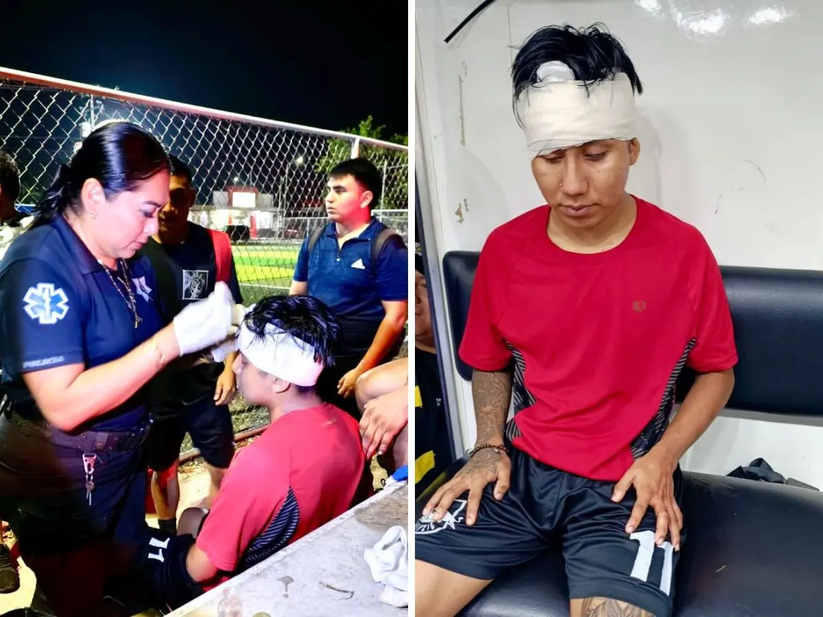 La intervención oportuna de los paramédicos fue vital para que un futbolista que se golpeó con un poste metálico en Kanasín no tuviera heridas de gravedad.- Fuente Policía Municipal de Kanasín