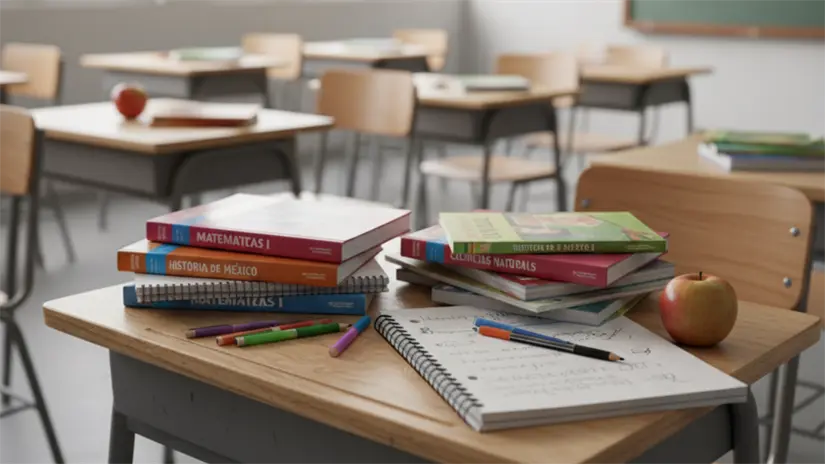 imagen recuadro Aula escolar con libros en español que hablan de México. Mesas y sillas escolares | Foto: Gemini IA