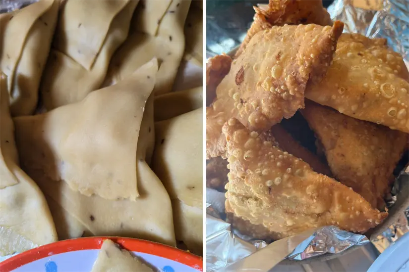 Samosas antes y después de prepararse. Foto: Ali Raza / cortesía.