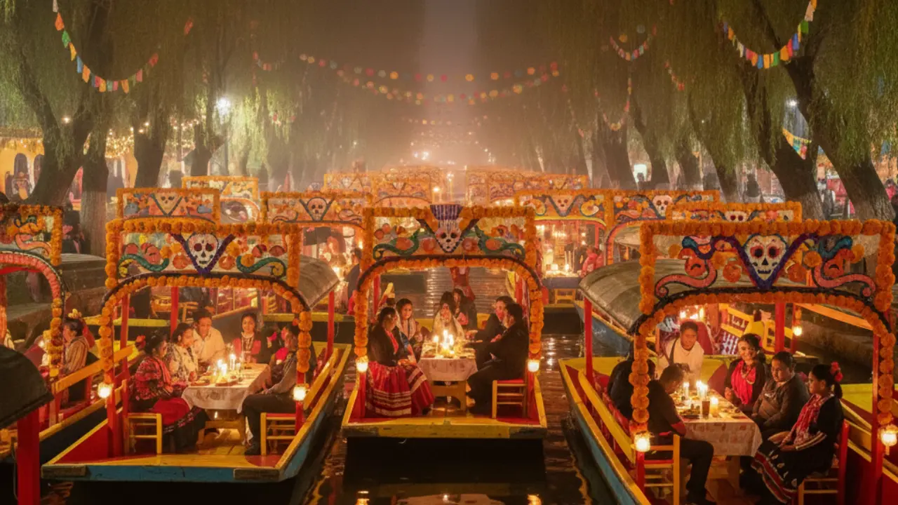 Xochimilco en Día de Muertos en trajineras | Foto: Gemini IA