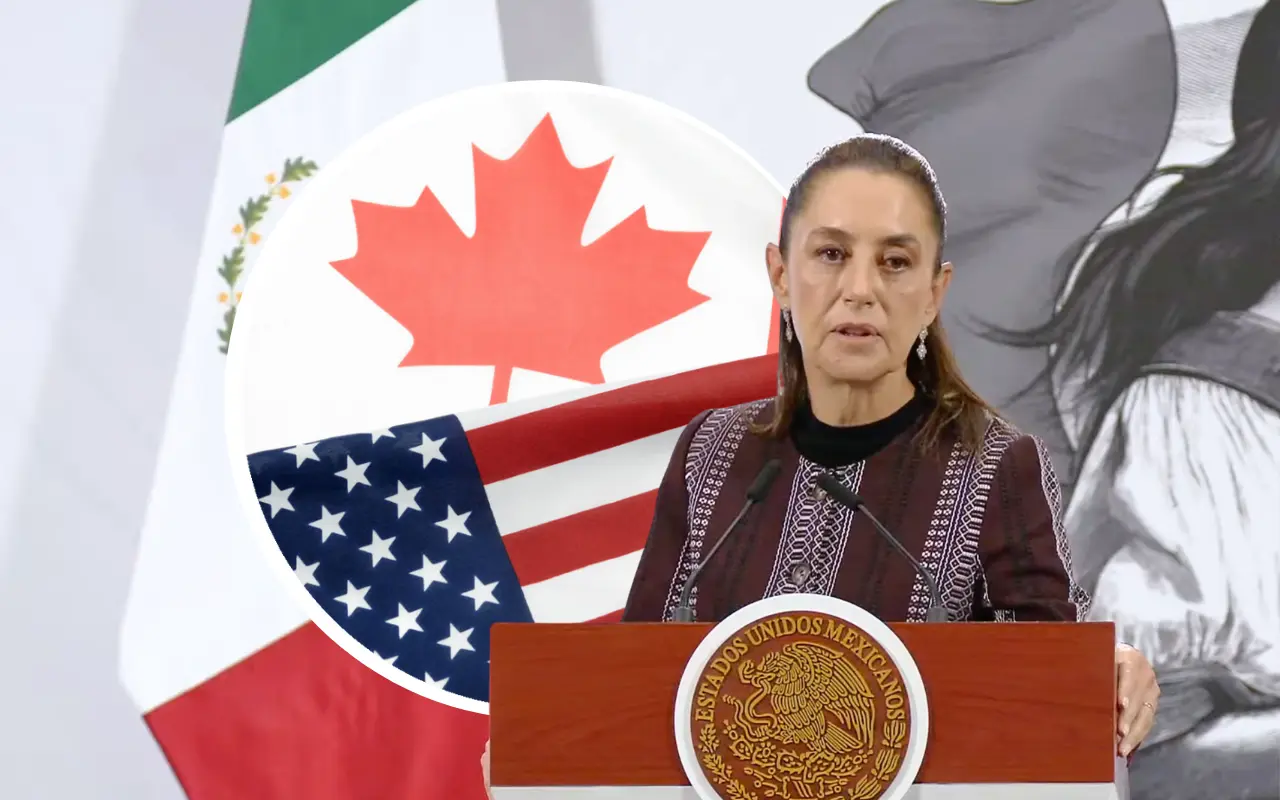 Claudia Sheinbaum y banderas de Estados Unidos y Canadá. Foto: Canva / Captura de pantalla: YouTube (Claudia Sheinbaum)