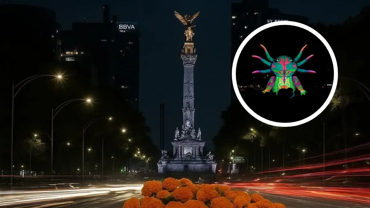 De fondo el Ángel de la Independencia, alebrije. Foto: X @Meminehappy | Iván Macías