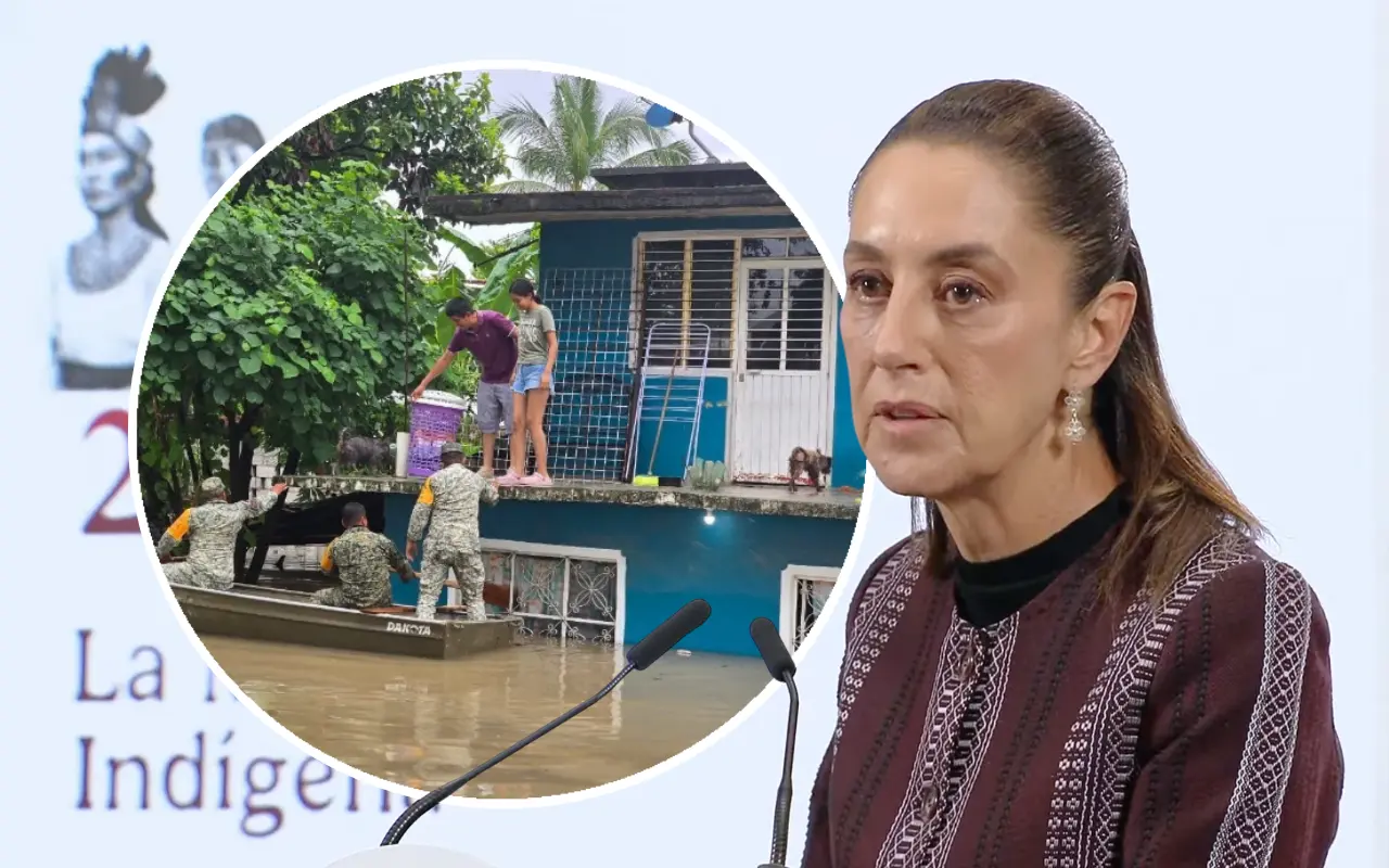 Claudia Sheinbaum y personas siendo auxiliadas por militares. Foto: X (@CNPC_MX) / Captura de pantalla: YouTube (Claudia Sheinbaum)