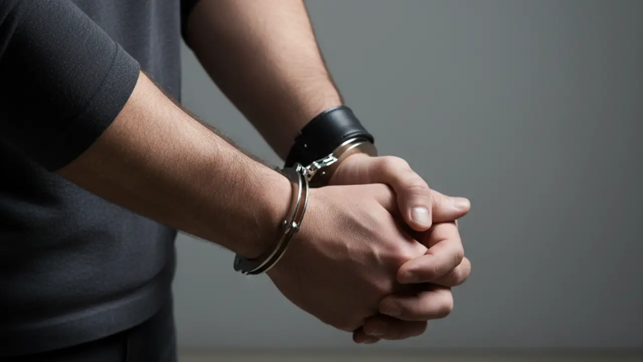 Manos de hombre arrestado, fondo liso |Foto: Gemini IA