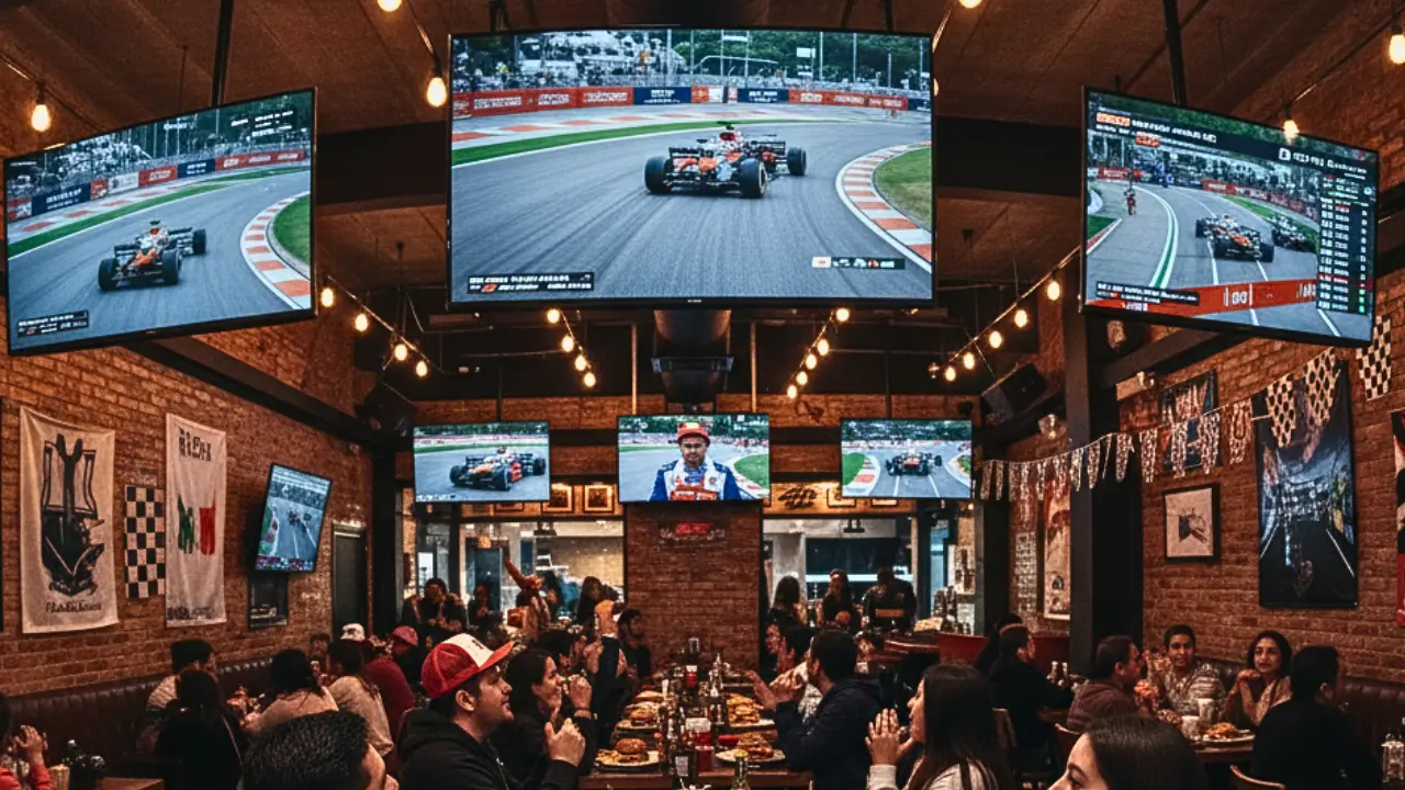 Restaurante deportivo en CDMX, televisión proyectando el Gran Premio de la F1 | Foto: Gemini IA