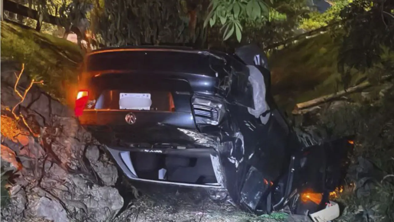 El automóvil se precipitó desde lo alto de un puente Foto: Redes sociales | Canva