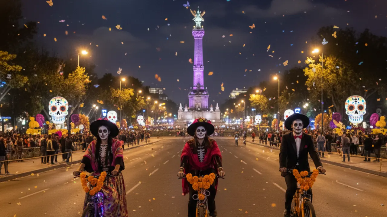 Paseo nocturno en bicicleta en Reforma, Ciudad de México. Tres personas caracterizadas, en bicicleta adornada de cempasúchil | Foto: Gemini IA