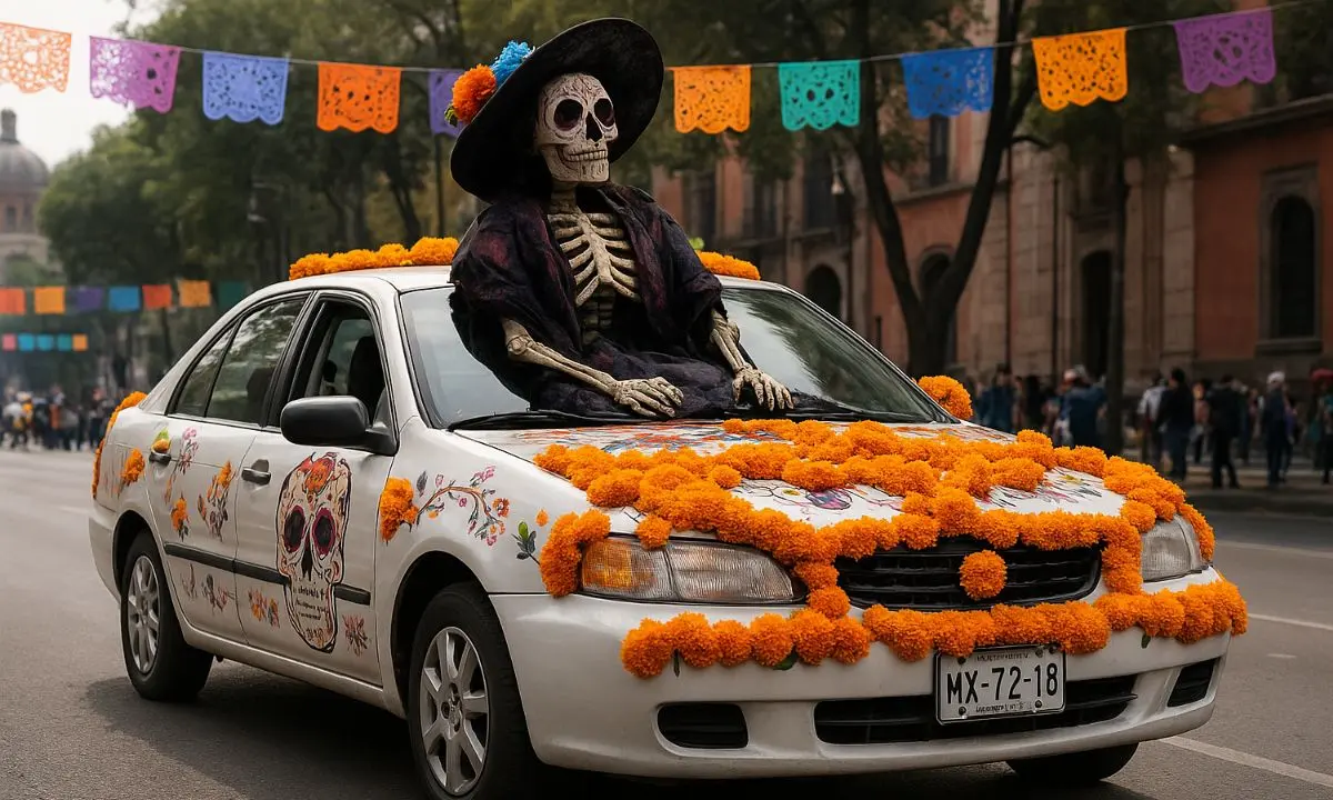 Auto decorado circulando por calles de CDMX.  Foto: creada con IA