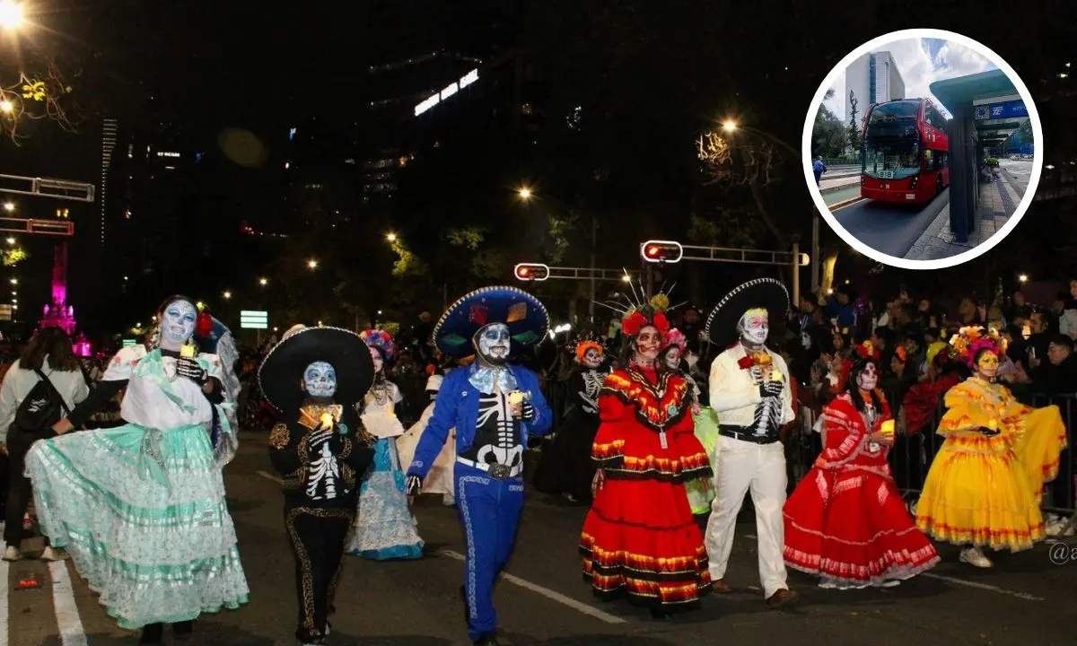 Mega Procesión de Catrinas, Metrobús CDMX Línea 7.    Foto: Facebook (Mega Procesión de las Catrinas) | X (@MetrobusCDMX) | Canva