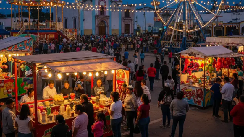 imagen recuadro Feria con puestos de comida, juegos mecánicos | Foto: Gemini IA