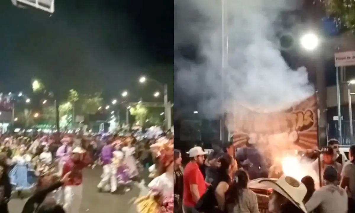 Mega Procesión de Catrinas 2025, puesto de brochetas durante desfile de Catrinas en CDMX.  Foto: captura X (@LaColoniaJuarez) | Canva