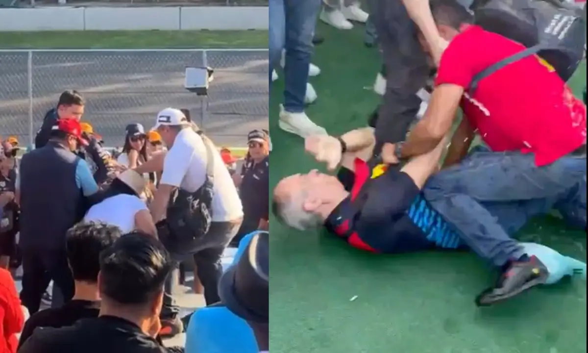 Peleas de aficionados de F1 en el GP de México.   Foto: captura X (@rthur013) | X (@DiarioNoticiaI) | Canva