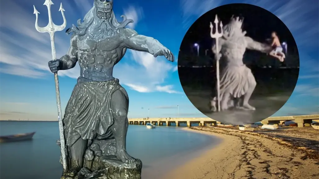 VIDEO | De nueva cuenta, captan a sujeto escalando la estatua de Poseidón en el malecón de Progreso