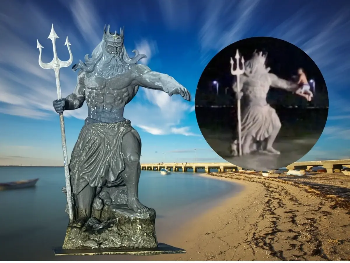Una persona decidió divertirse la noche del domingo escalando la estatua de Poseidon en Progreso lo que puso en peligro dichga estructura.- Fuente archivo POSTA y Juan Javier Bautista
