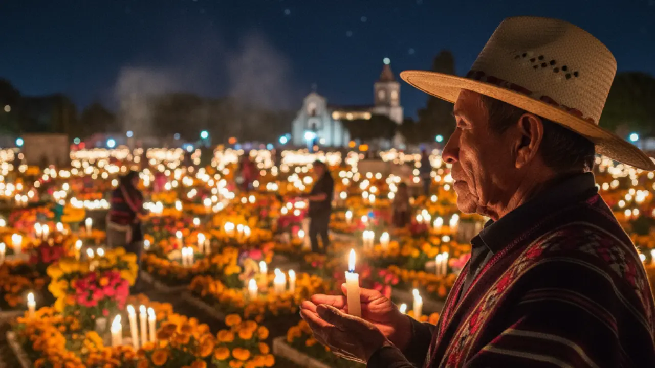 Panteón de San Andrés Mixquic. Al frente hombre con sombrero | Foto: Gemini IA