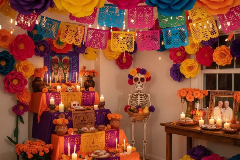 imagen recuadro Se colocan alimentos, frutas y bebidas de cada difunto de la familia | Foto: Arte don flores de papel