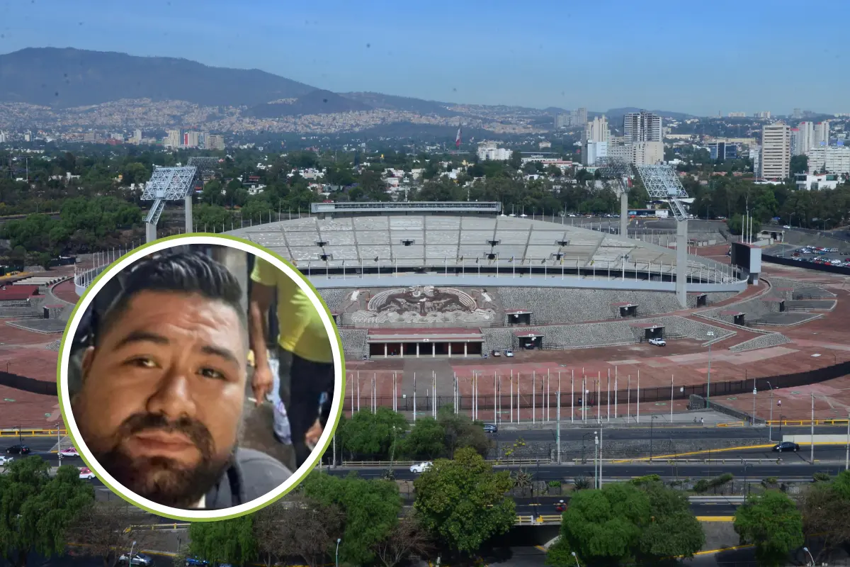 Estadio Olímpico Universitario y aficionado del Cruz Azul. Foto: Gaceta UNAM y @BryanFragoso6 | Canva