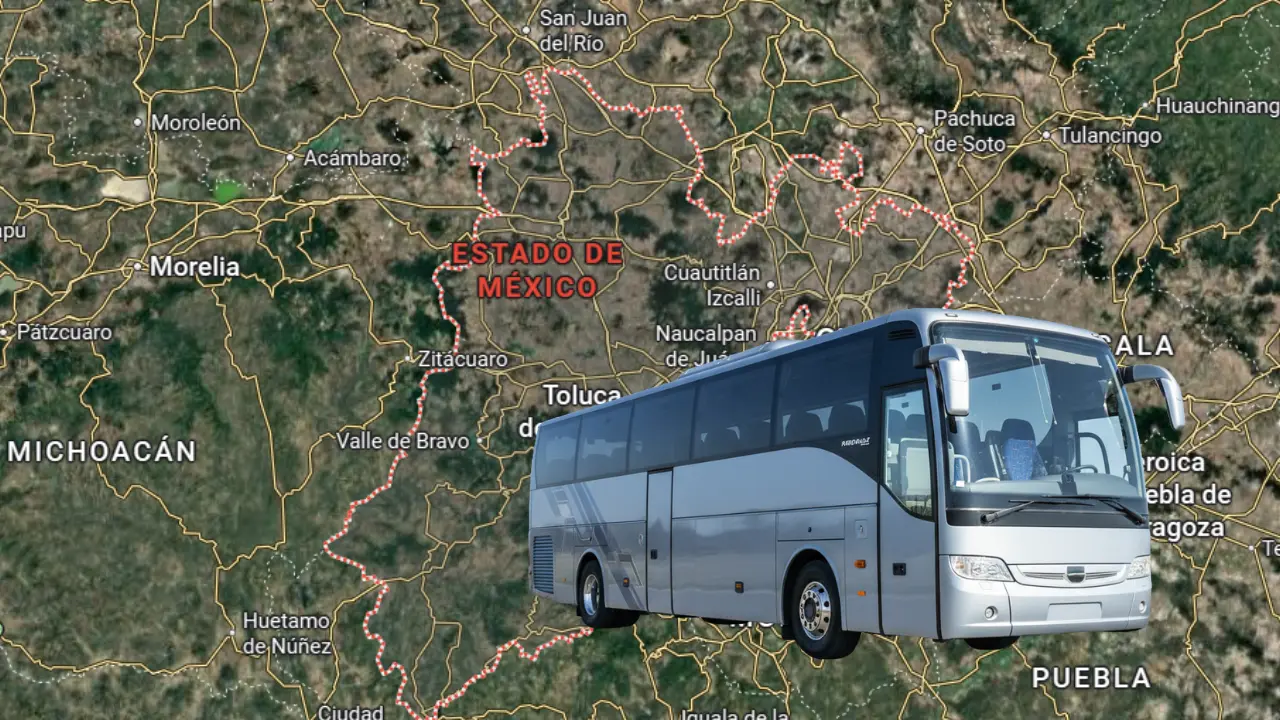Mapa del estado de México y al frente autobús | Foto: Gemini IA | Canva