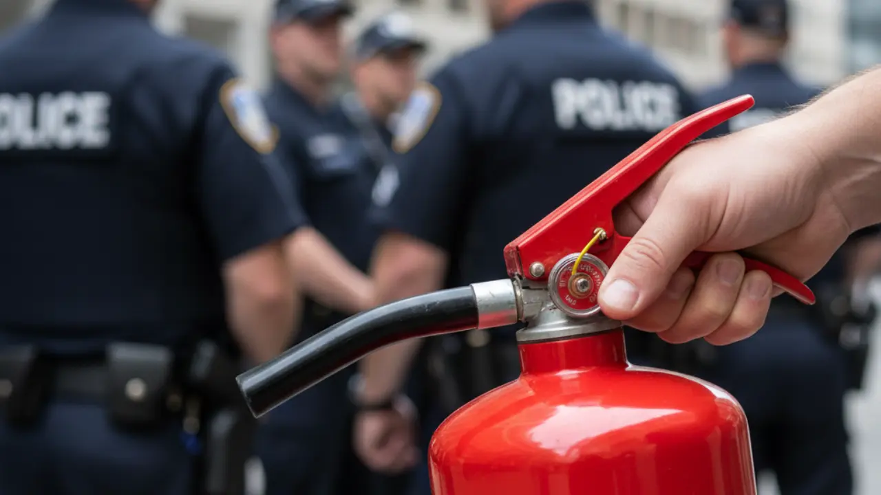 Extintor y policías | Foto: Gemini IA